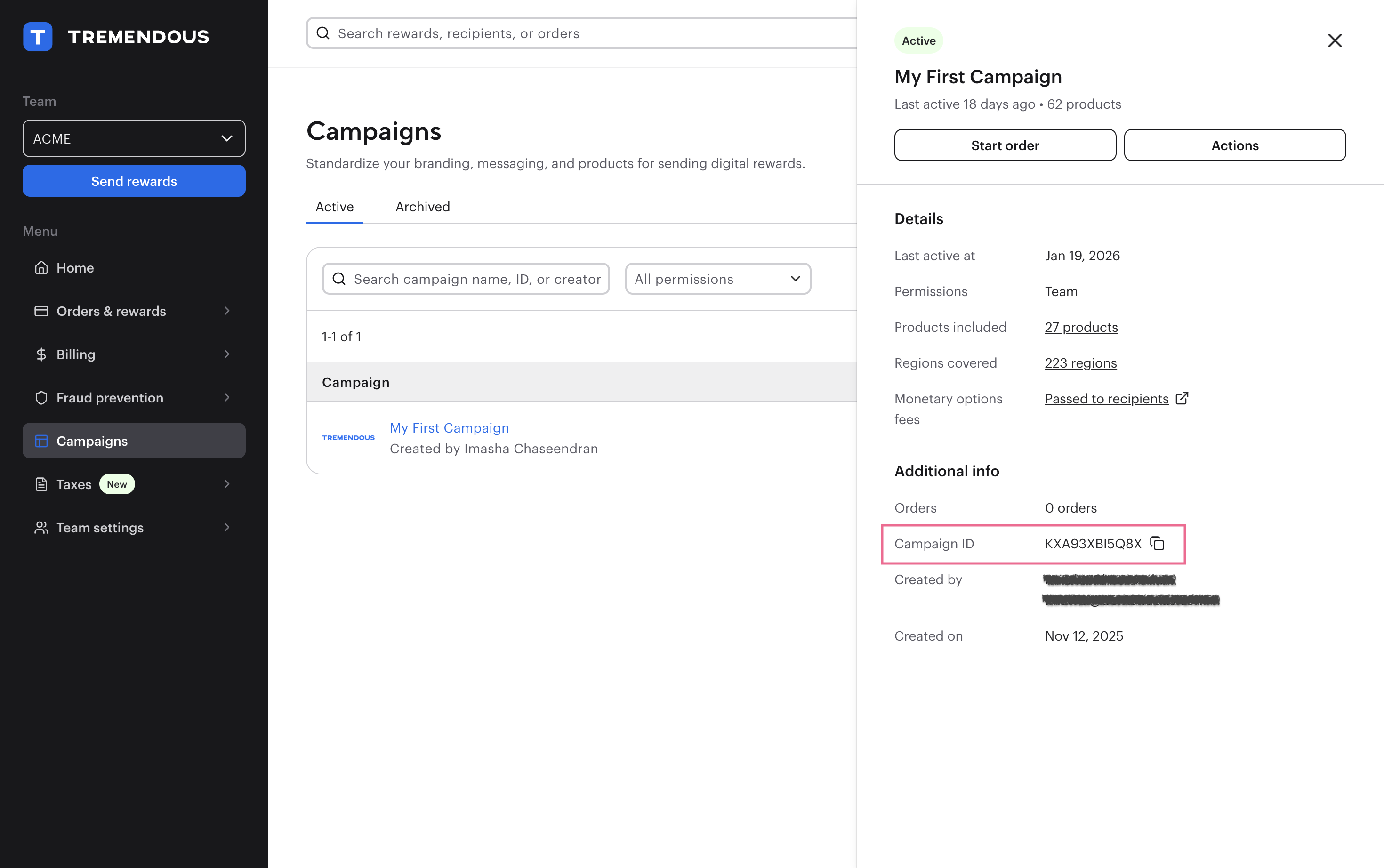 Finding a campaign ID in the dashboard