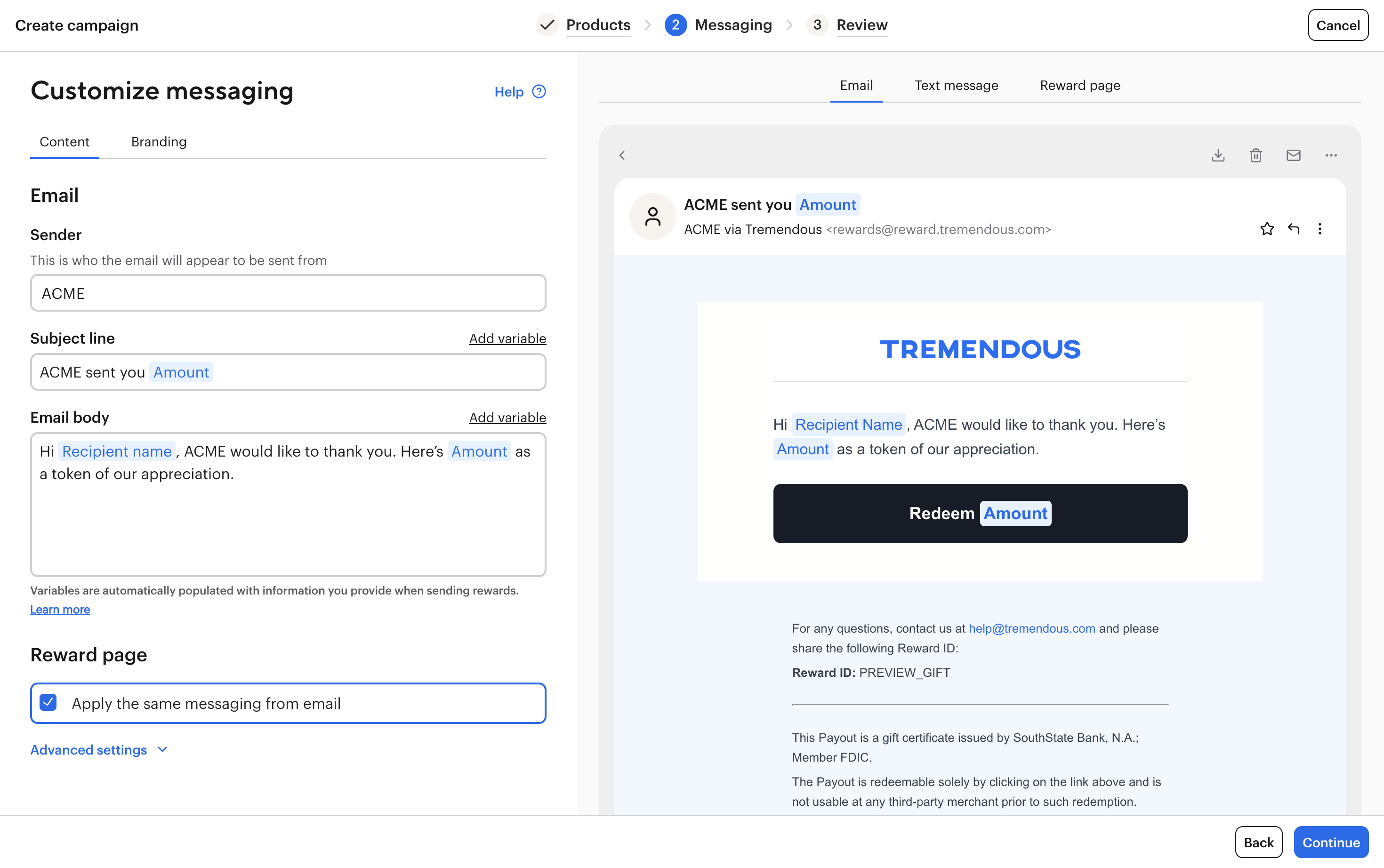 The Customize messaging step of the campaign builder