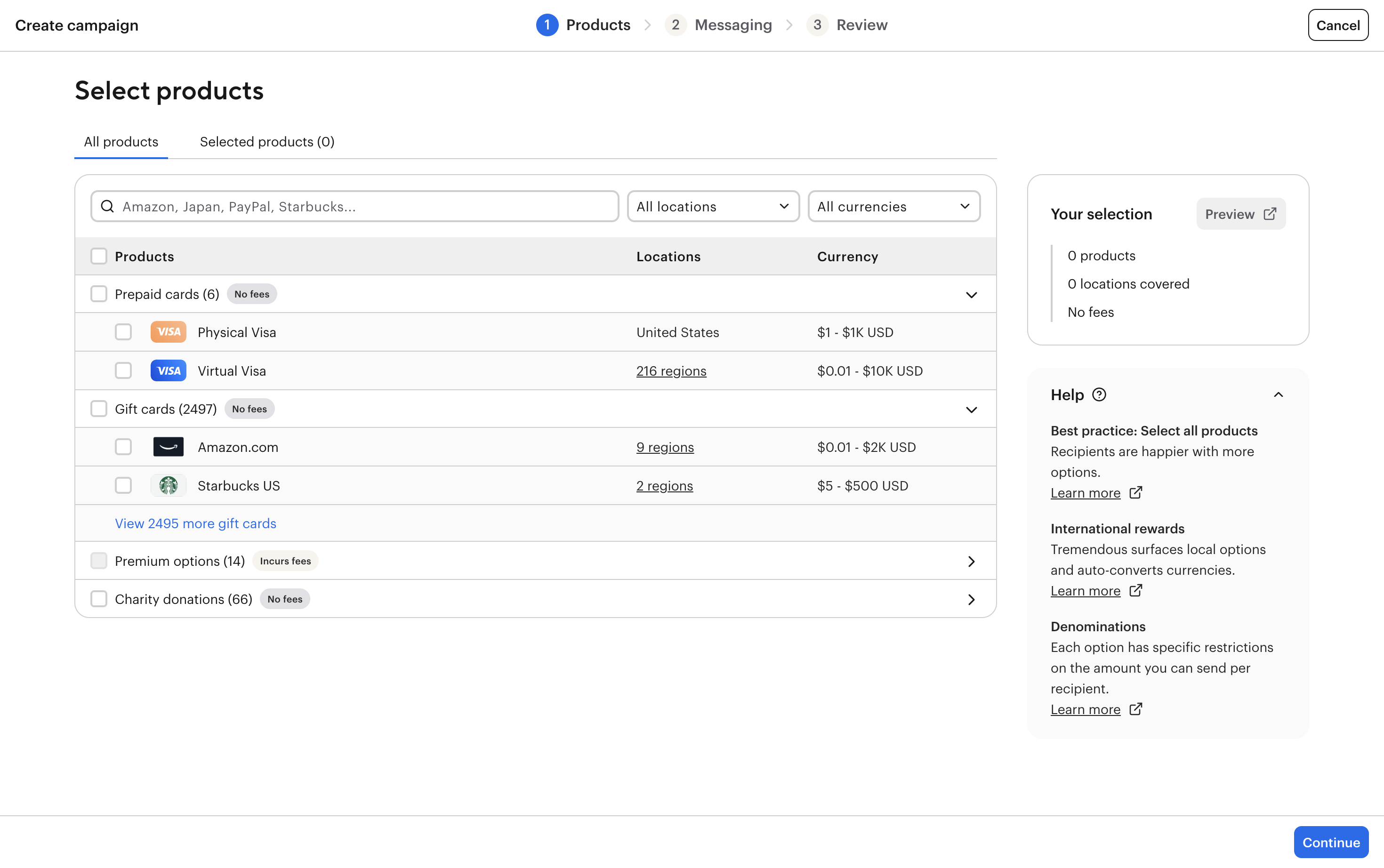 Selecting the products a campaign offers