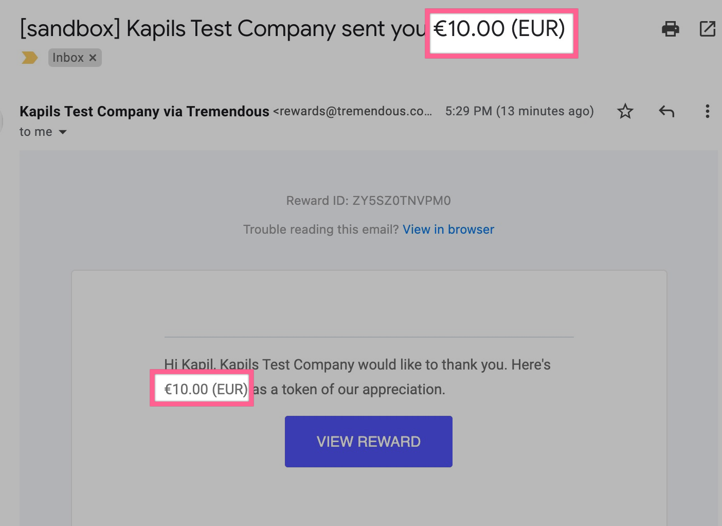 A reward email showing the amount in euros