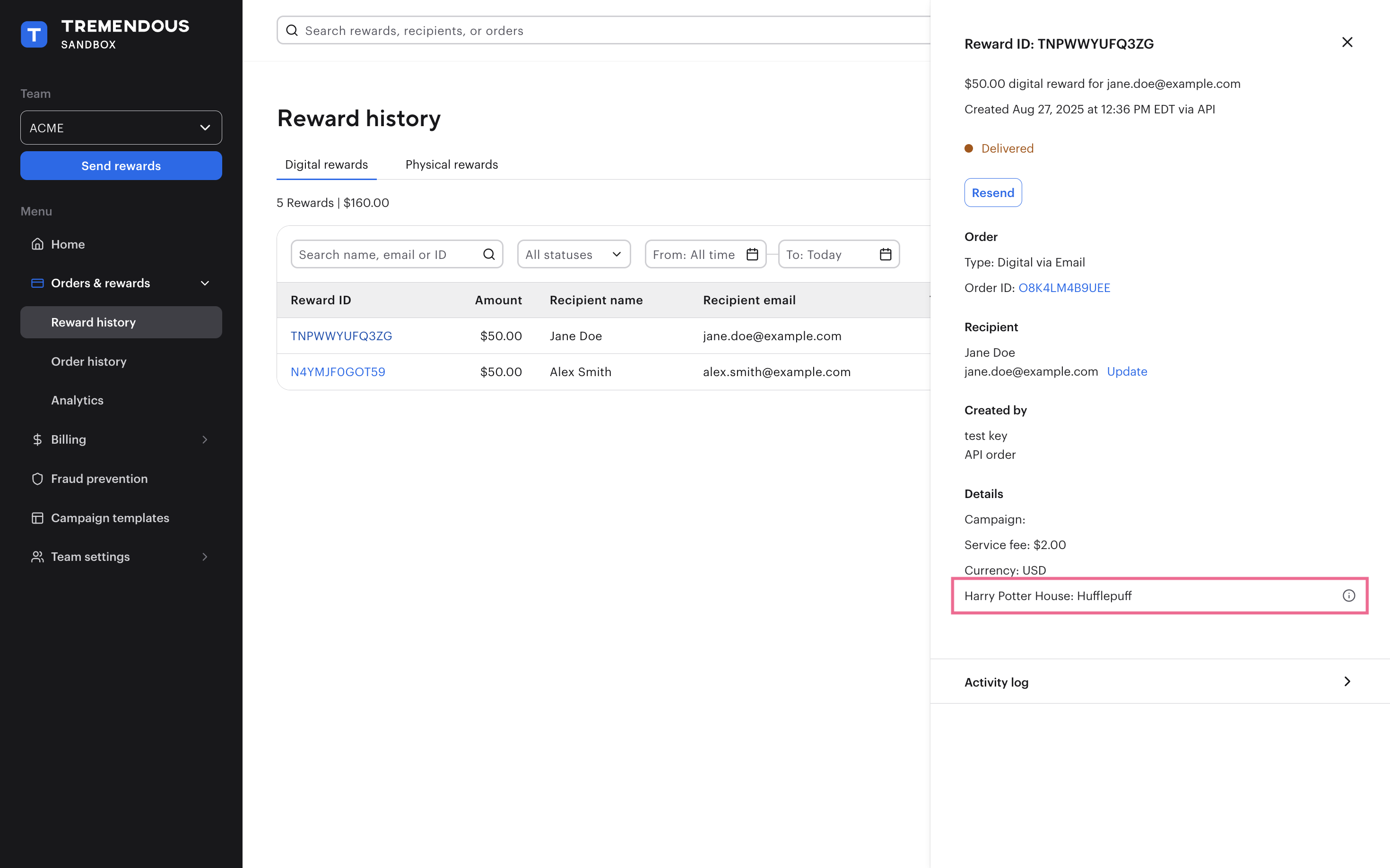 Custom field values shown on a reward in the dashboard