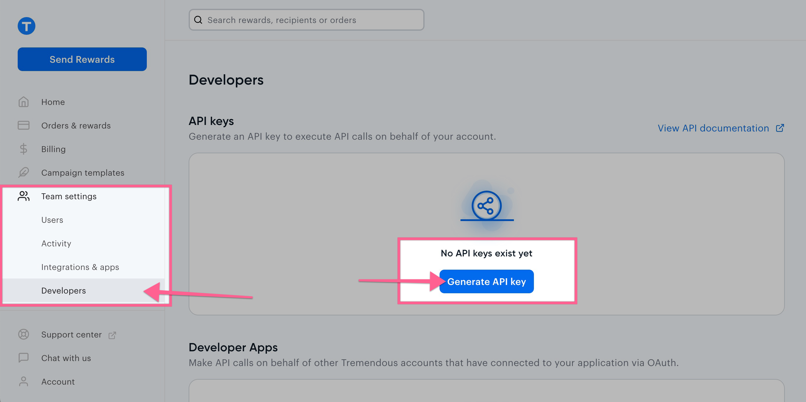 Generating an API key in the Tremendous dashboard