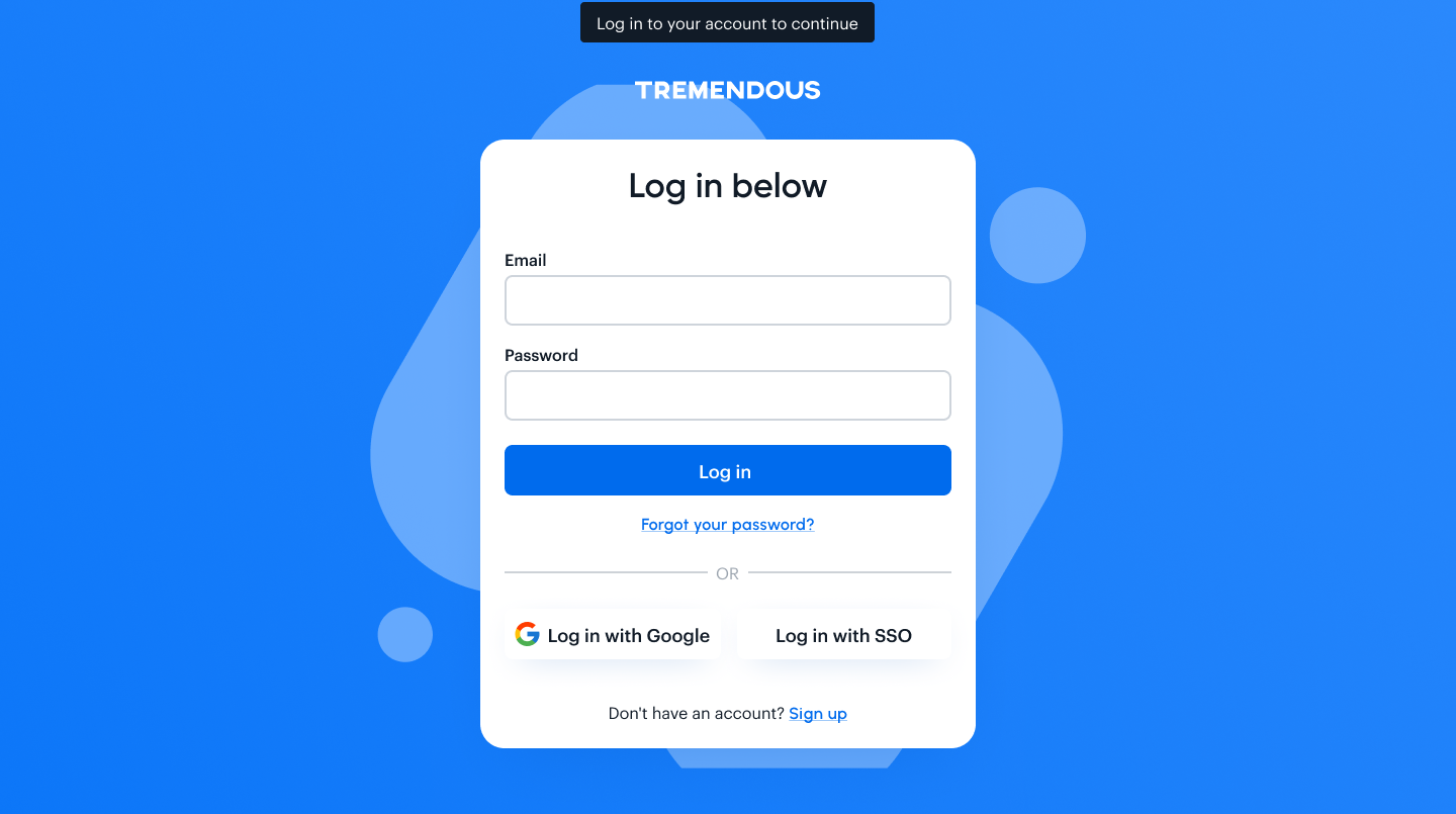 The Tremendous login screen