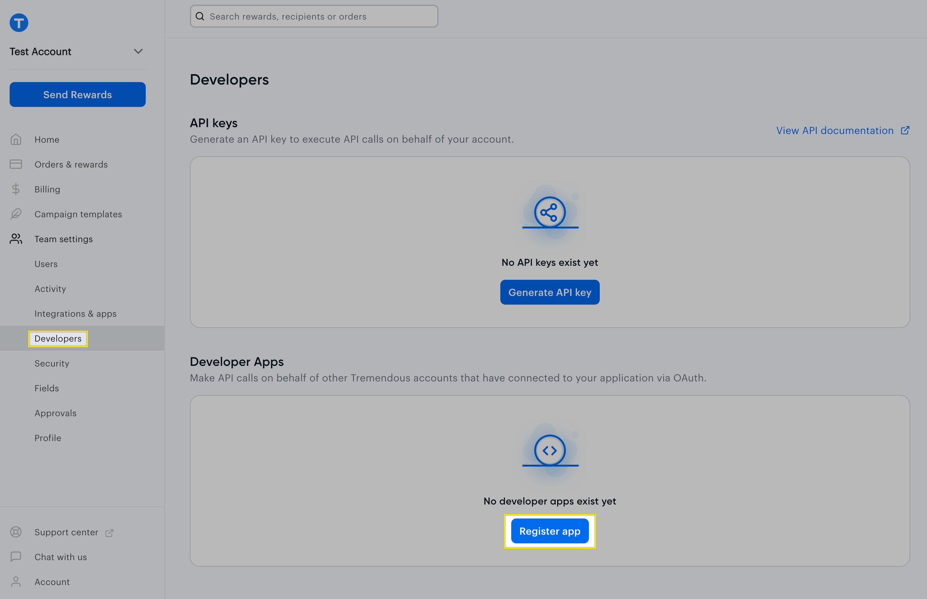 Registering a developer app in the dashboard